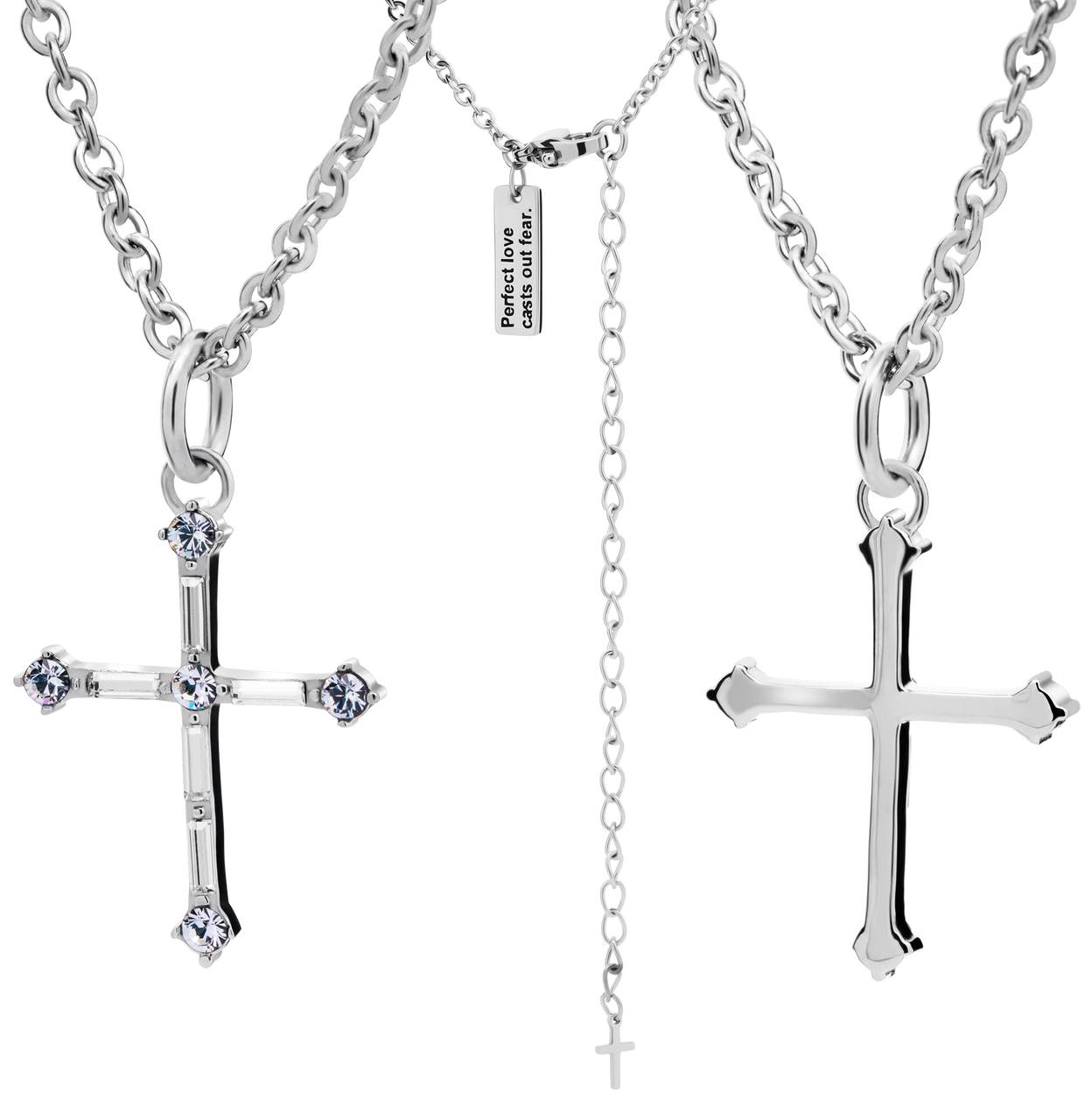 Women's Pefect Love Cross Necklace Stainless Steel with Swarovski Crystals - 1 John 4:18