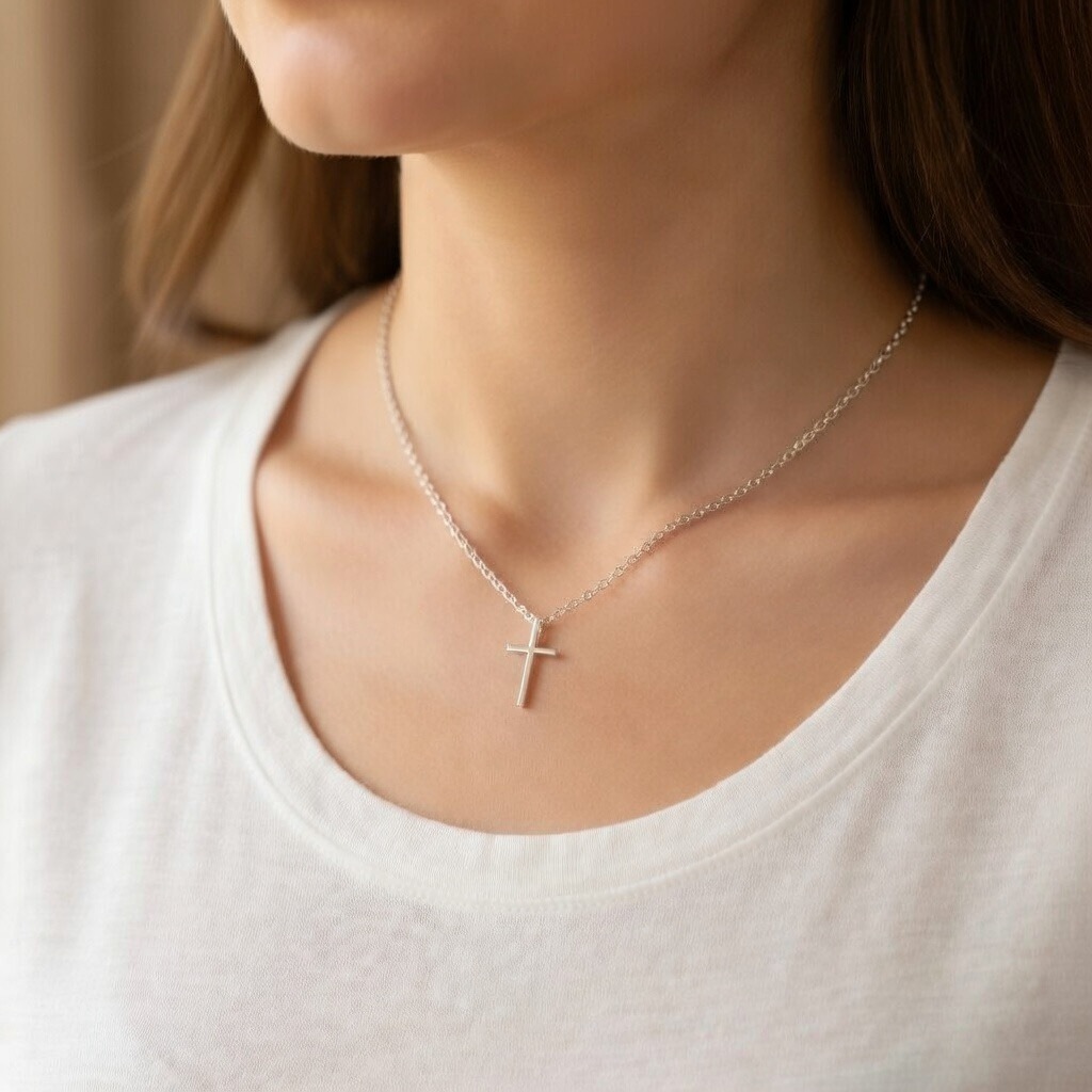 Shields of Strength Send Women Cross Necklace - Isaiah 6:8 Woman wearing the Shields of Strength "Send Me - Isaiah 6:8 Cross Necklace"