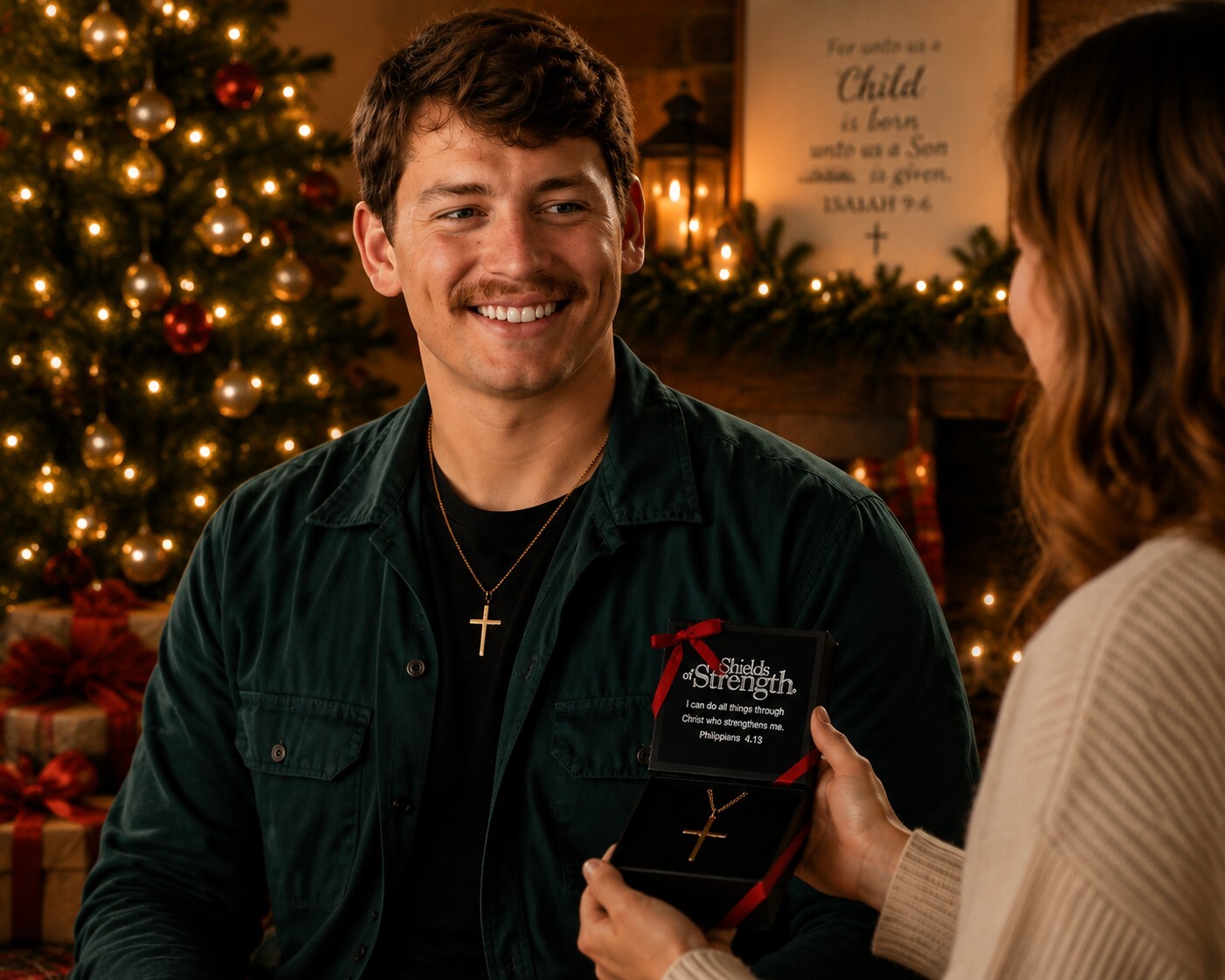 Best Christian Jewelry Christmas Gifts for Men Man receiving a Shields of Strength Christian cross necklace as a Christmas gift