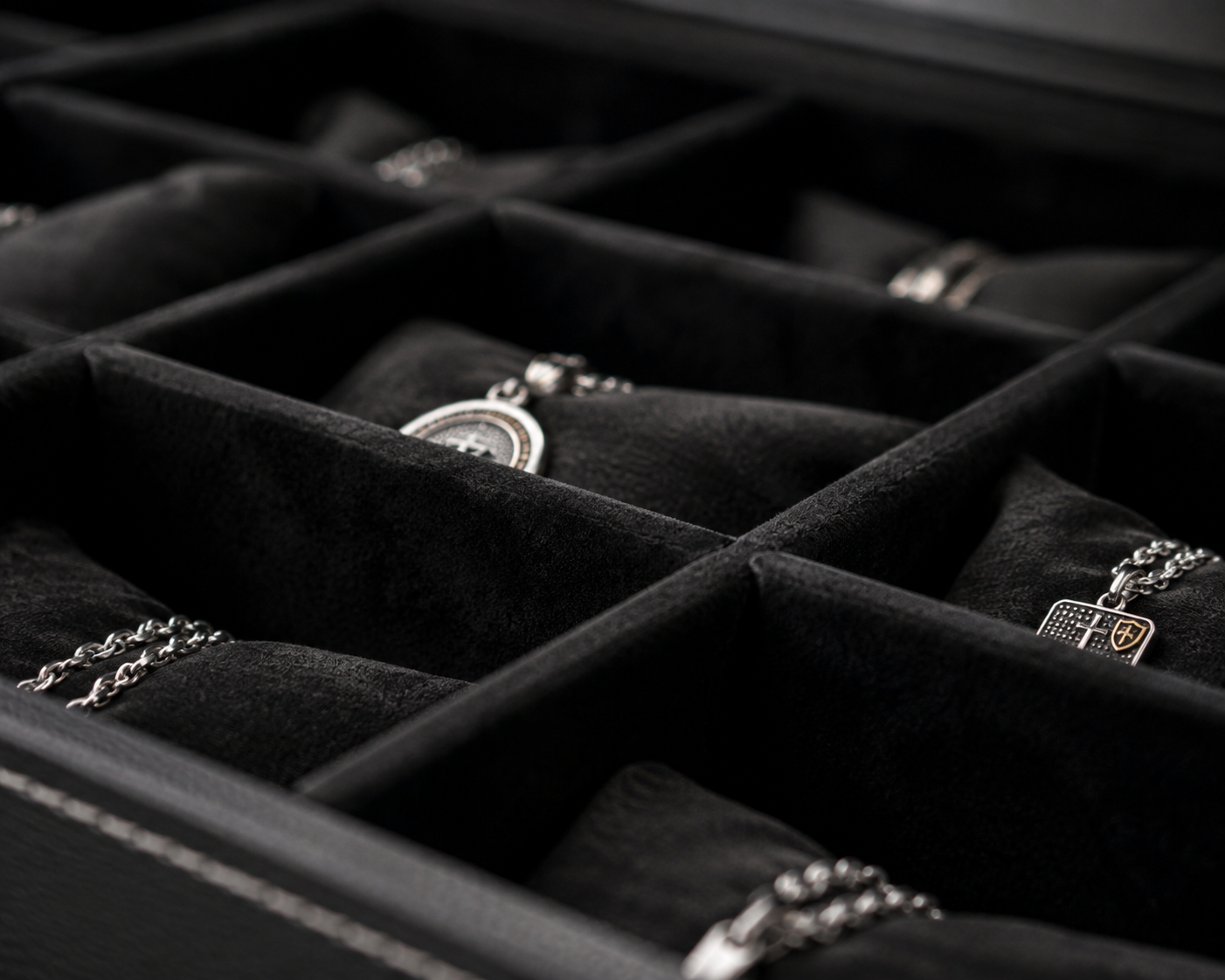 padded-storage-for-scripture-jewelry.webp Shields of Strength jewelry stored separately in soft padded compartments