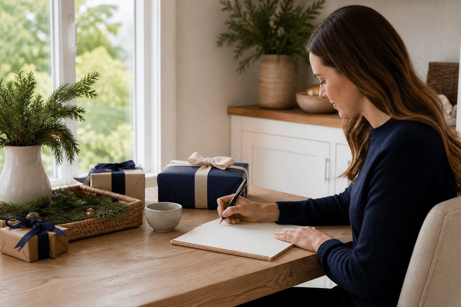 Woman preparing an early Christmas shopping list in August